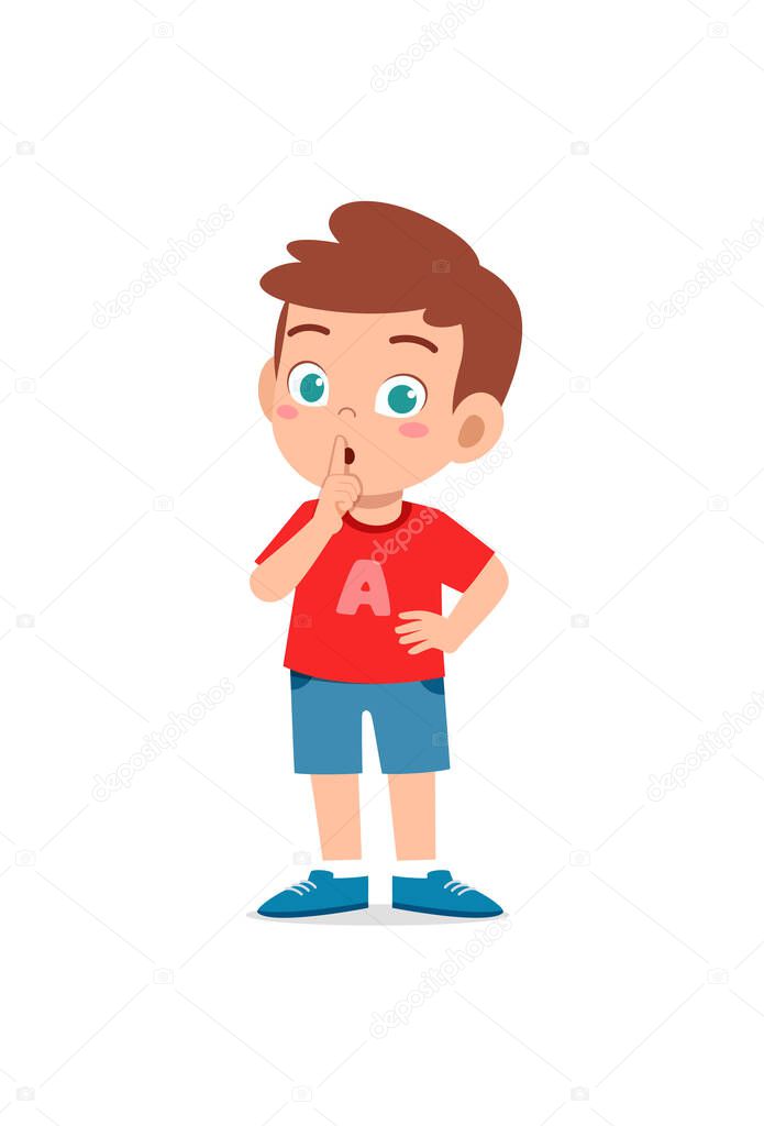 cute little boy show close mouth with finger pose