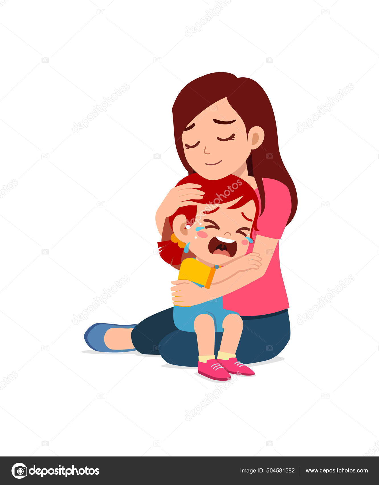 若いお母さんは泣いてる女の子を抱きかかえて慰めようとして — ストックベクター ©colorfuelstudio 504581582