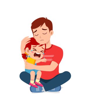 Genç baba ağlayan küçük kızı kucakla ve rahatlatmaya çalış.