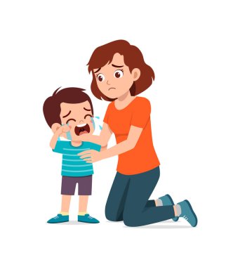 Genç anne, ağlayan küçük çocuğa sarıl ve rahatlamaya çalış.