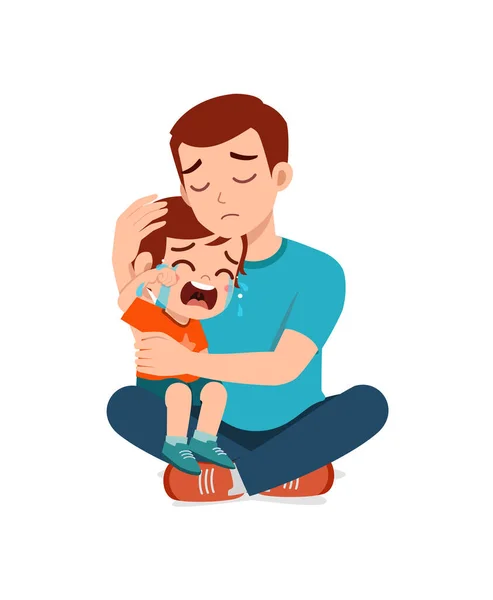 Junger Vater Umarmt Weinenden Kleinen Jungen Und Versucht Trösten — Stockvektor