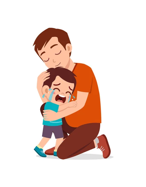 年轻的父亲抱着哭泣的小男孩 试着安慰自己 — 图库矢量图片