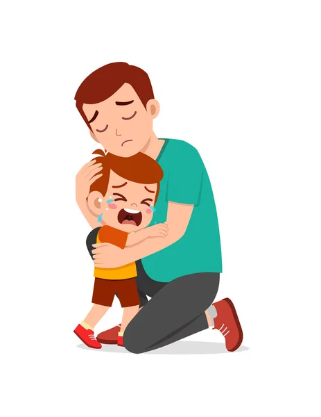 Joven Padre Abrazo Llorando Pequeño Niño Tratar Consolar — Vector de stock