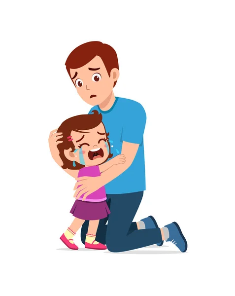 Young Father Hug Crying Little Girl Try Comfort — Stock Vector