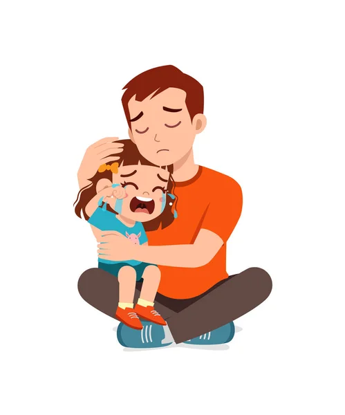 Молодий Батько Обіймається Плаче Маленька Дівчинка Намагається Втішити — стоковий вектор