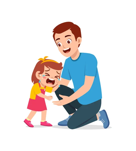 Young Father Hug Crying Little Girl Try Comfort — Stock Vector