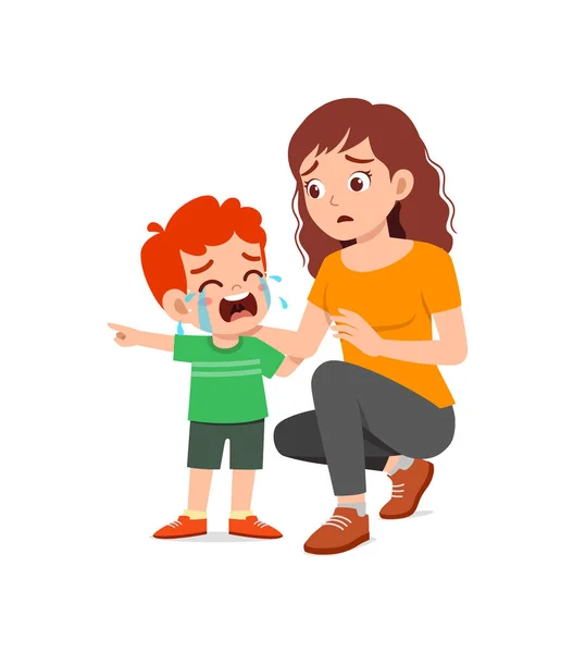 Joven Madre Abrazo Llorando Pequeño Niño Tratar Consolar — Vector de stock