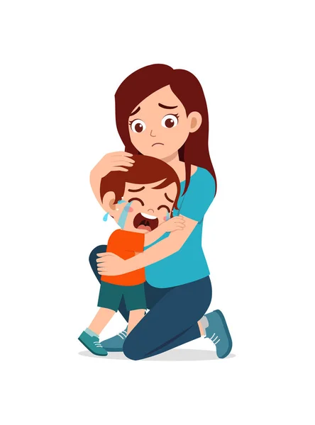 Joven Madre Abrazo Llorando Pequeño Niño Tratar Consolar — Vector de stock