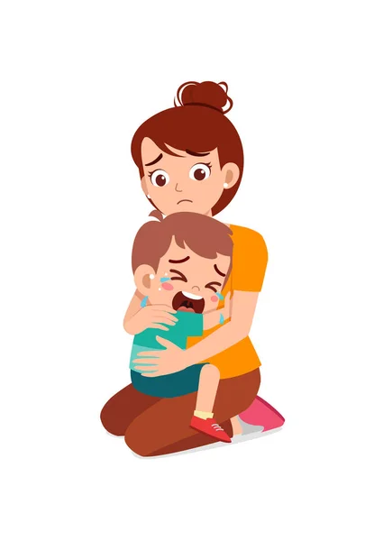 Молодая Мать Обнимает Плачущего Мальчика Пытается Утешить — стоковый вектор