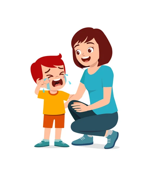 Joven Madre Abrazo Llorando Pequeño Niño Tratar Consolar — Vector de stock