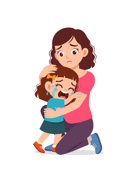 年轻的母亲抱着哭泣的小女孩 试着安慰她 — 图库矢量图片