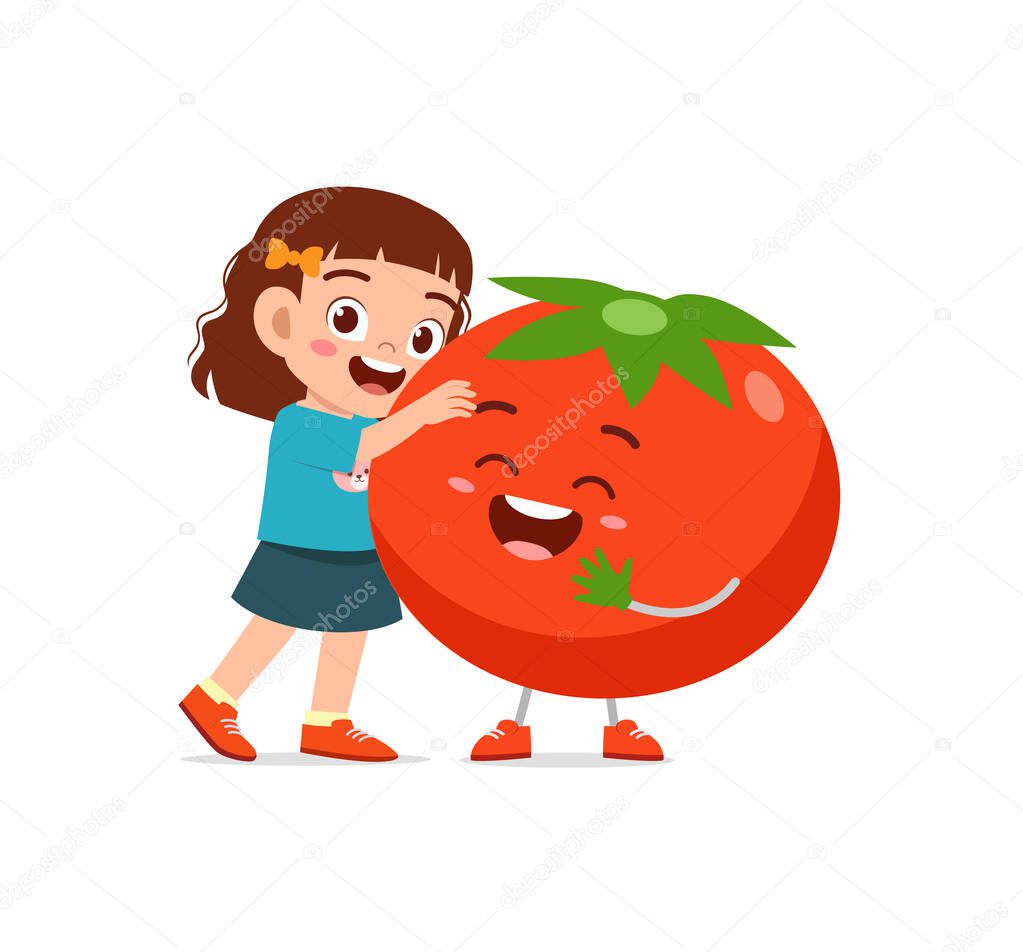 cute little girl stands with tomato character