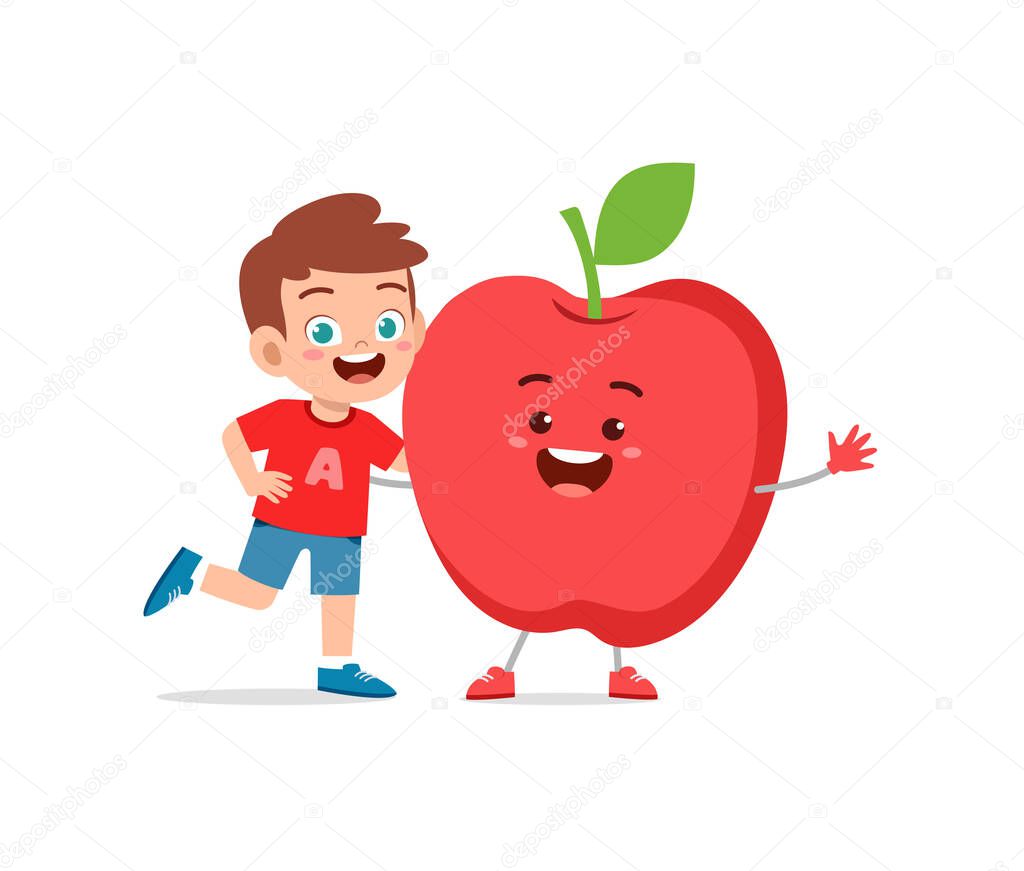 cute little boy stands with apple character