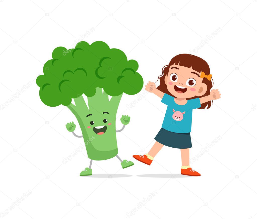 cute little girl stands with broccoli character