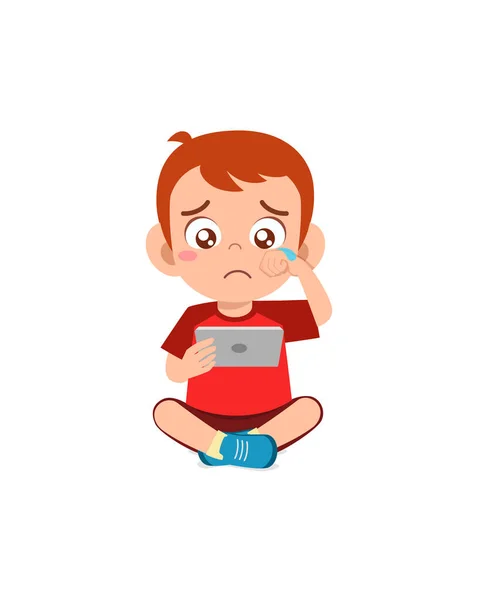 Маленький Хлопчик Використовує Мобільний Телефон Плаче — стоковий вектор
