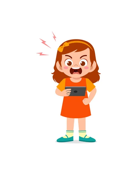 Маленька Дівчинка Використовує Мобільний Телефон Сердитий — стоковий вектор