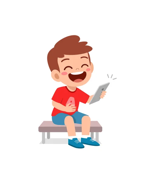 Mały Chłopiec Pomocą Telefonu Komórkowego Śmiać — Wektor stockowy