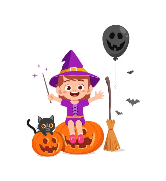 Carino Bambina Festeggiare Halloween Indossare Costume Strega — Vettoriale Stock
