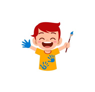 Resim yapmak için boya kullanan sevimli küçük çocuk.