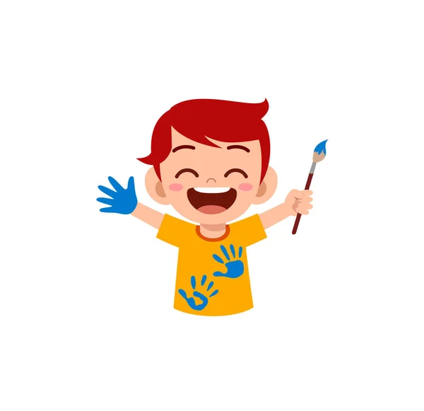 Lindo Niño Usando Pintura Mano Para Arte — Vector de stock