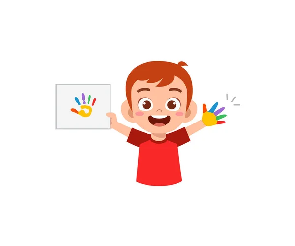 Χαριτωμένο Μικρό Αγόρι Χρησιμοποιώντας Χρώμα Στο Χέρι Για Την Τέχνη — Διανυσματικό Αρχείο