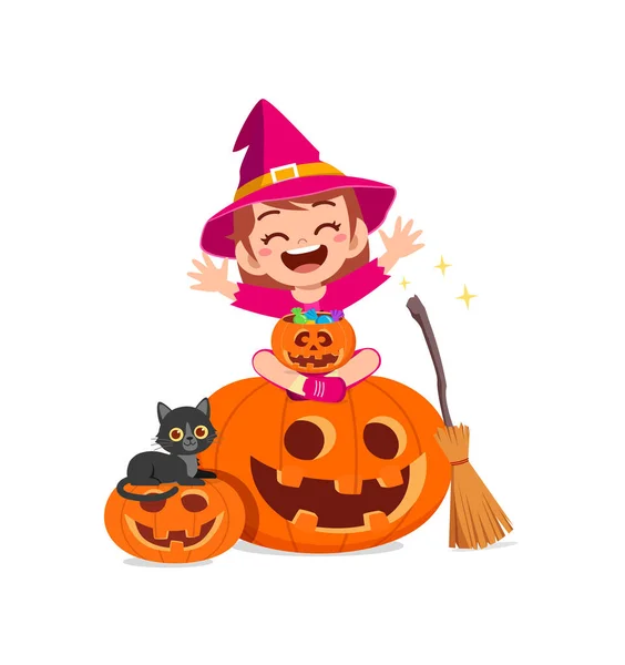 かわいい女の子はハロウィンのための魔女の衣装を着て — ストックベクタ