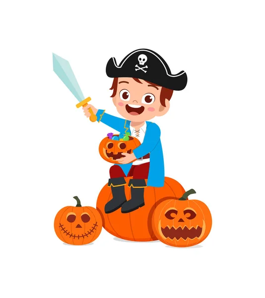 Carino Bambino Festeggiare Halloween Indossare Costume Pirata — Vettoriale Stock