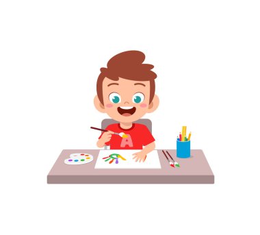 Resim yapmak için boya kullanan sevimli küçük çocuk.