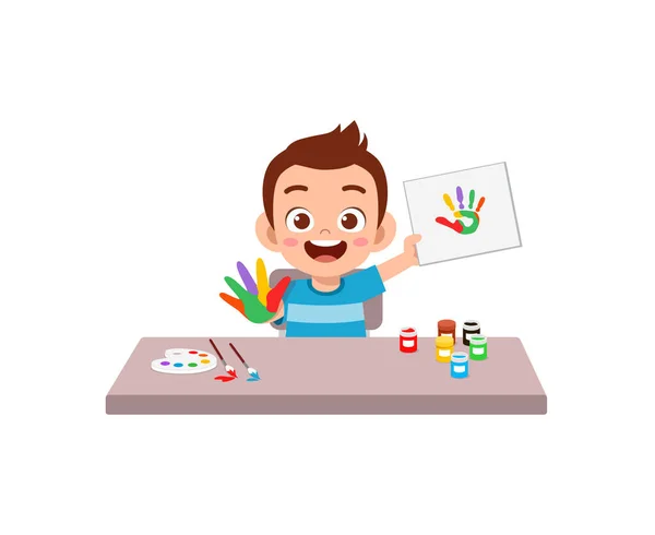 Lindo Niño Usando Pintura Mano Para Arte — Vector de stock