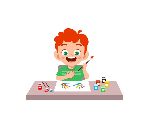 Lindo Niño Usando Pintura Mano Para Arte — Vector de stock