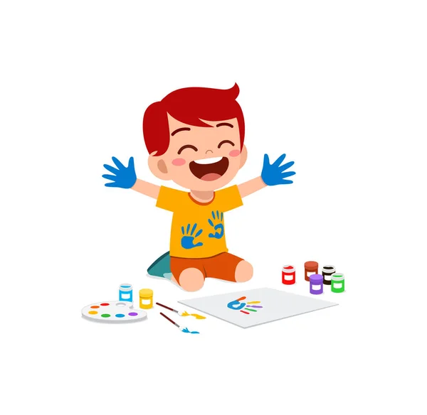 Lindo Niño Usando Pintura Mano Para Arte — Vector de stock