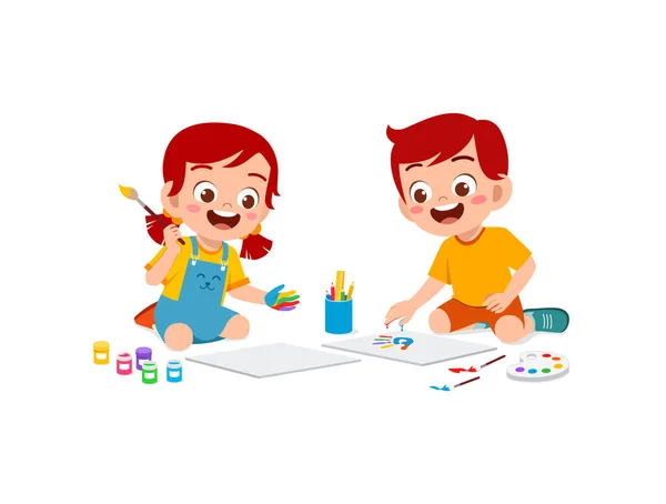 Lindo Niño Niña Usando Pintura Mano Para Arte — Vector de stock