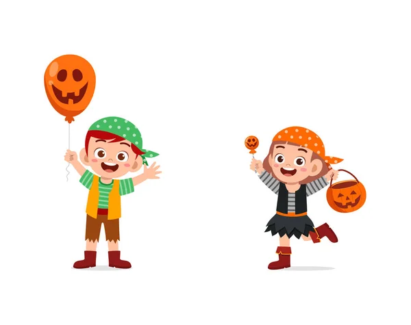 Niño Niña Celebrar Halloween Desgaste Traje Pirata — Vector de stock