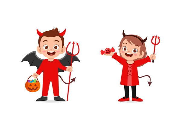 Chlapec Dívka Slavit Halloween Oblečení Ďábel Kostým — Stockový vektor