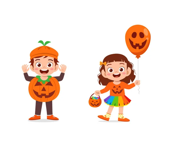 Niño Niña Celebrar Halloween Desgaste Traje Calabaza — Vector de stock