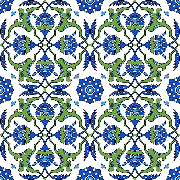 흰색 바탕에 아시아 원활한 녹색과 파란색 타일 패턴 — 스톡 사진