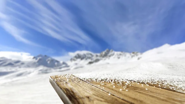 Piano Legno Con Neve Fondo Invernale Innevato Montagna Spazio Prodotti — Foto Stock