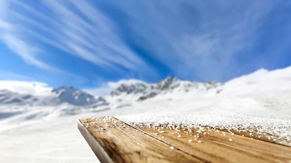 Wooden Table Top Snow Snowy Winter Background Mountains Space Products Royalty Free Stock Images