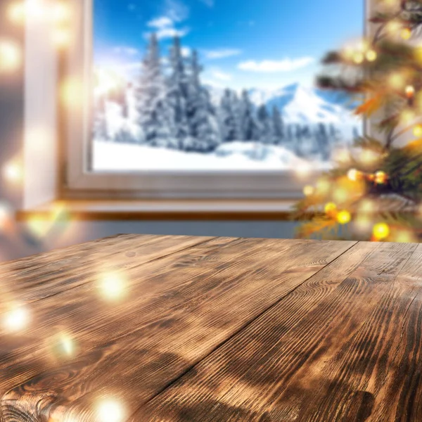 Winter Window View Background Snowy Winter Window Home Interior Table Stock Picture