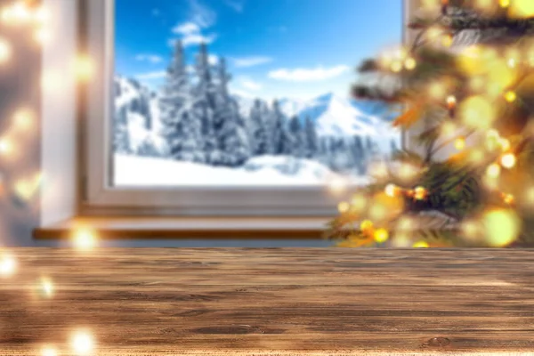 Blurred Background White Winter Window Landscape Xmas Table Empty Space Royalty Free Stock Photos