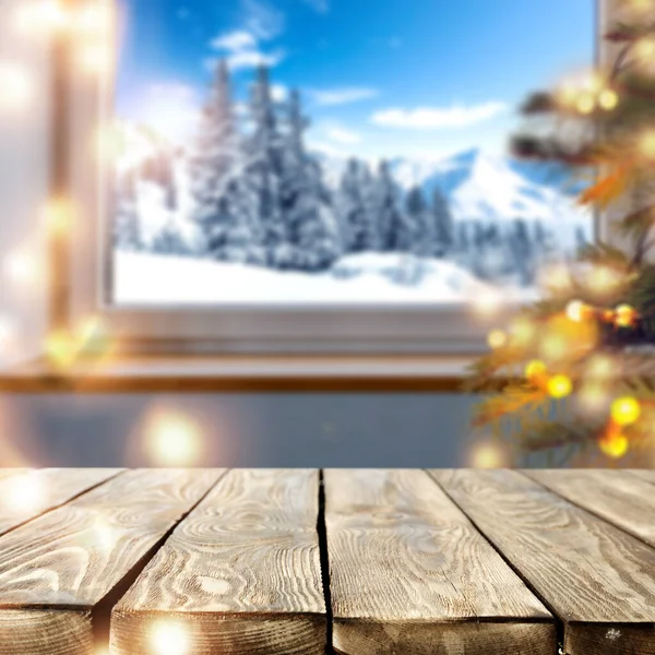 Tafel Achtergrond Met Ruimte Voor Decoratie Winterraam Met Landschap Sneeuw — Stockfoto