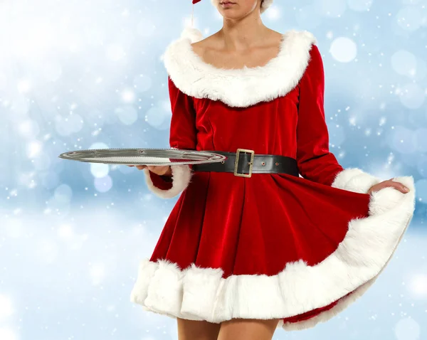 Santa Claus Femme Tenant Des Produits Publicitaires — Photo