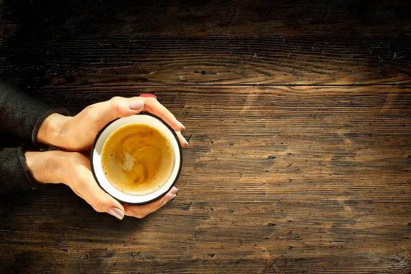 Woman Hands Cup Hot Coffee Dark Wooden Table Space Your Stock Picture