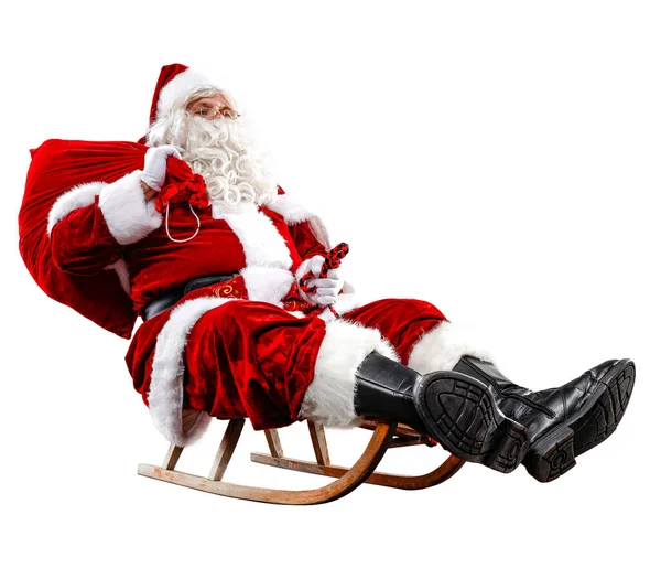 Санта Клаус Санях Мешком Подарками Зимний Снежный День Белом Фоне — стоковое фото