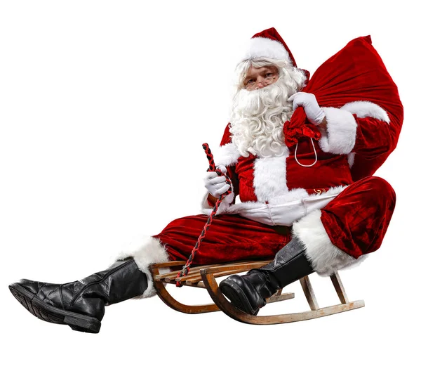 Święty Mikołaj Saniach Workiem Prezentami Zimowy Śnieżny Dzień Białym Tle — Zdjęcie stockowe