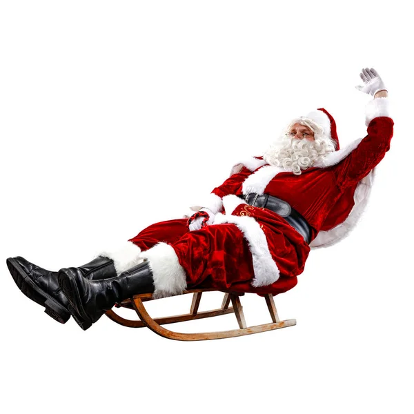 Der Weihnachtsmann Auf Seinem Schlitten Mit Einem Sack Voller Geschenke — Stockfoto