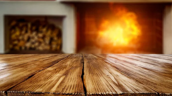 Brown Wooden Table Top Fireplace Background Empty Space Advertising Products Stock Photo