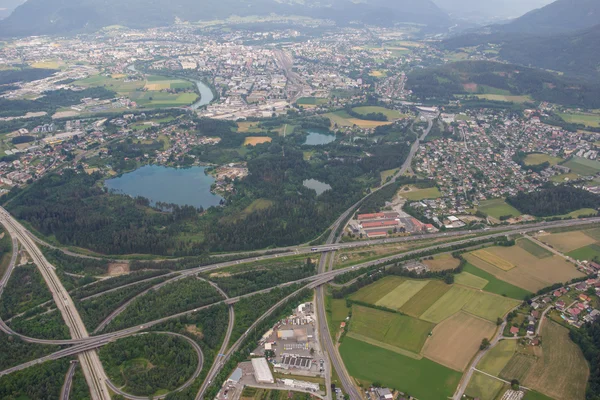 Flightseeing Tour Carinthia Villach Freeway Interchange Little Lakes & River Drau — Stock Photo, Image