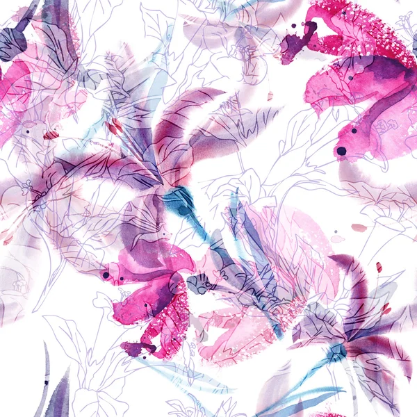 Akvarell liljor Seamless mönster — Stockfoto