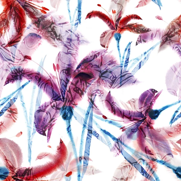 Akvarell liljor Seamless mönster — Stockfoto